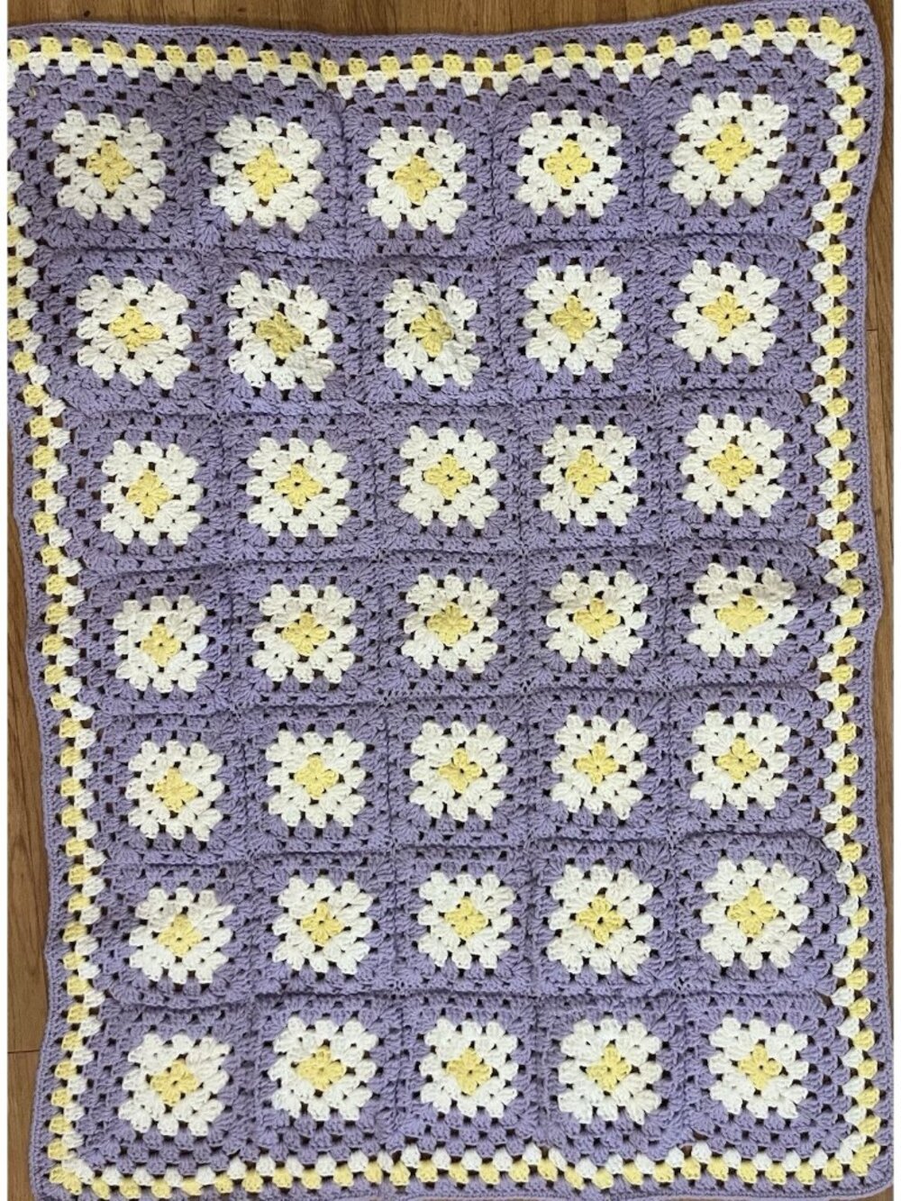 Vintage Hand Knit Purple Yellow Granny Square Afghan Baby Blanket 32” X 42”